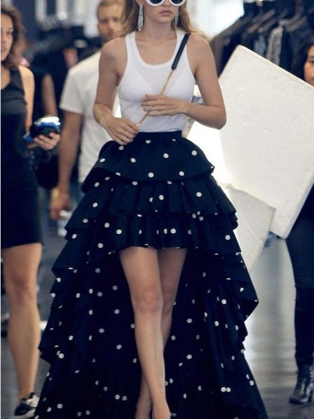 Saint Laurent Black and White Polka Dot Ruffle Skirt